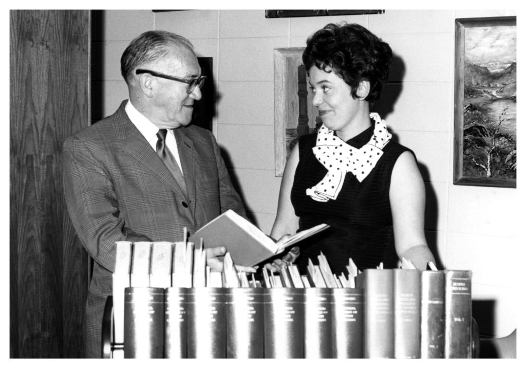 W. L. Eury and Charlotte Ross at the dedication of the Eury Appalachian Collection, Appalachian State University, October 18, 1971