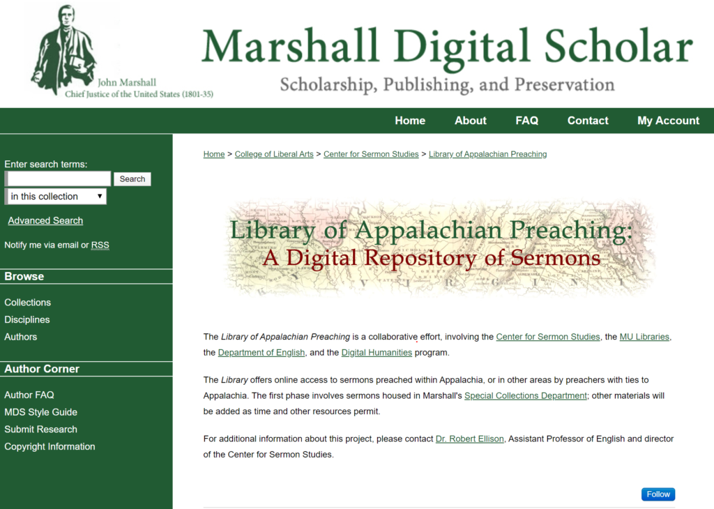 The home page of the Library of Appalachian Preaching