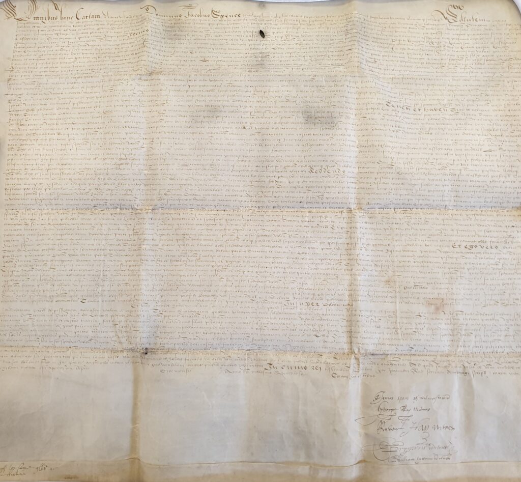 Charter (feu-ferme) by Sir James Spens of Wilmerston in favour of Kenneth MacKenzie of Kintail of the lands of Trotternish and others, parchment in Latin 15 Aug 1607.