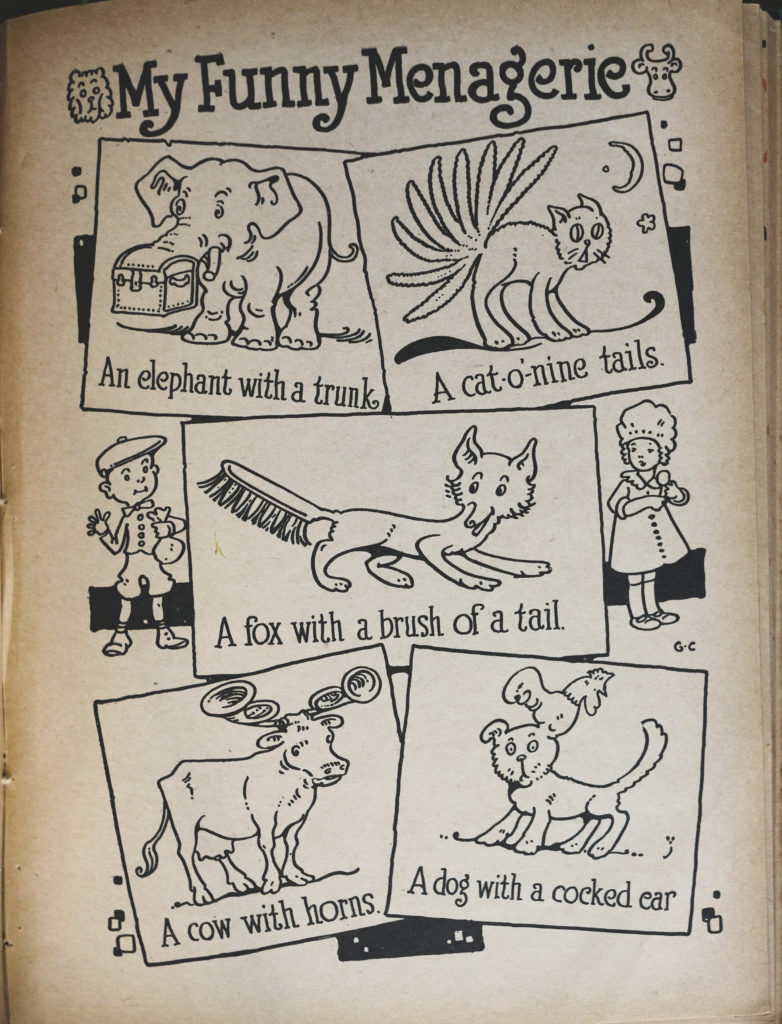 A page in black ink with the title “The Funny Menagere” at the top in bold curly letters. There are five boxes, each with a drawing of an animal pun. There is “A dog with a cocked ear” with a drawing of a dog that has a chicken for an ear, for example. 