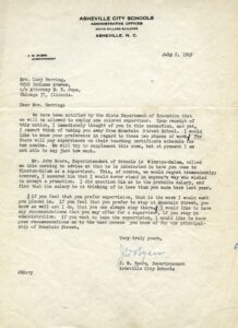 Letter from Asheville City Schools offering Lucy Herring a supervisor position in the city schools, July 1949.
