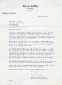 Job offer from Tuskegee Institute, March 1960. Lucy Herring did not accept the position, preferring to stay in Asheville and work with elementary school students.