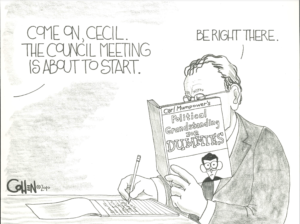 Cartoon depicting former member of Asheville City Council Cecil Bothwell and a critique towards his political career