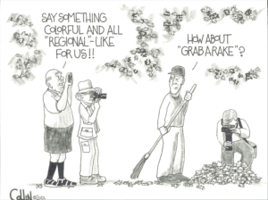 Cartoon depicting a dissatisfied local dealing with tourist and photographers who often migrate to Asheville, NC for the natural scenery