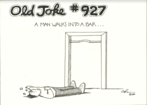 Cartoon showing a man walk into a bar in a doorway