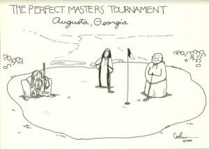 Cartoon showing masters or gods of major religions playing golf