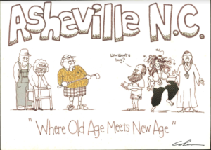 Cartoon depicting two stereotypical groups of demographics seen within Asheville and how they interact with one another