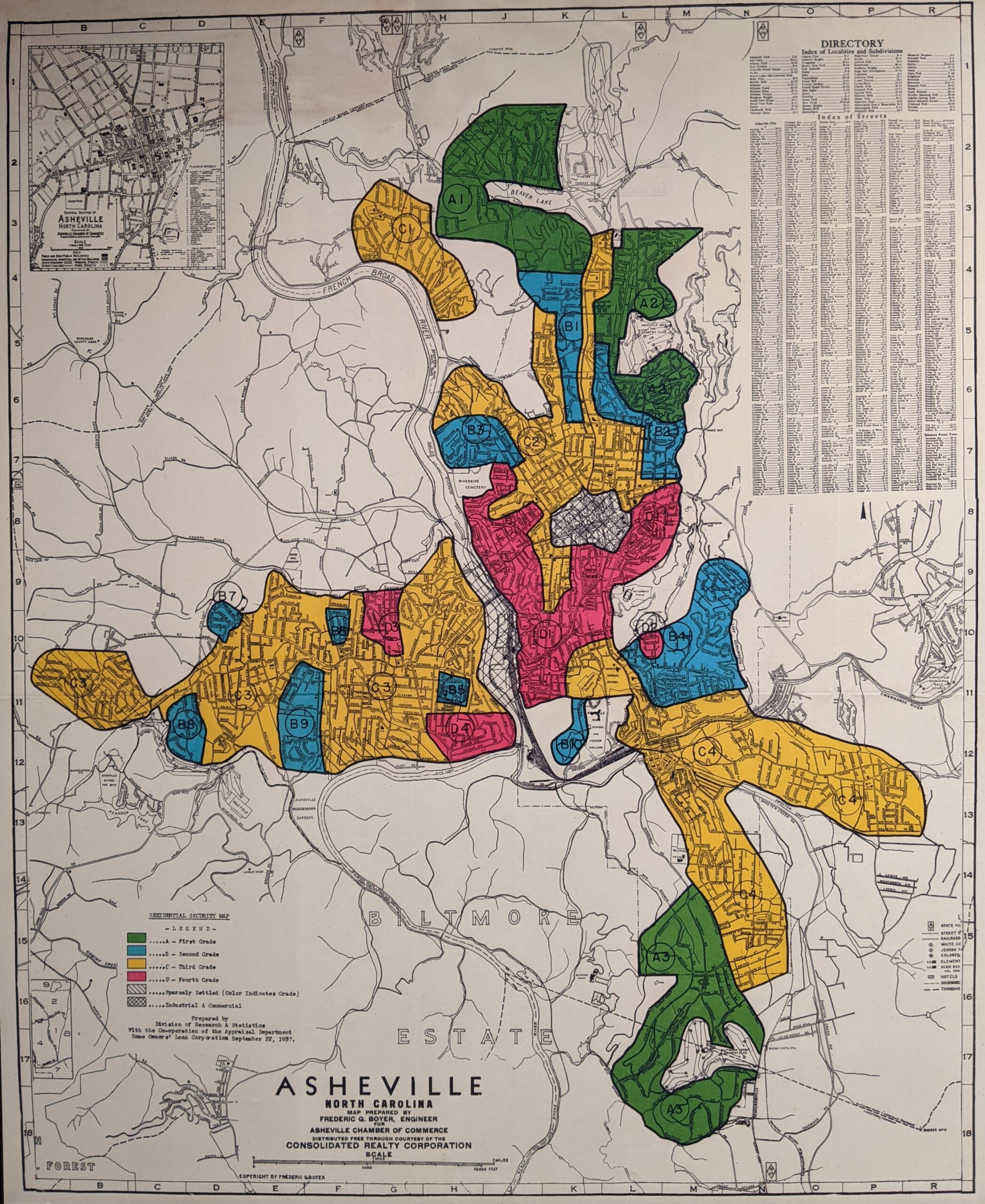 1937 Residential Security, aka 'Red-lined,' map of Asheville