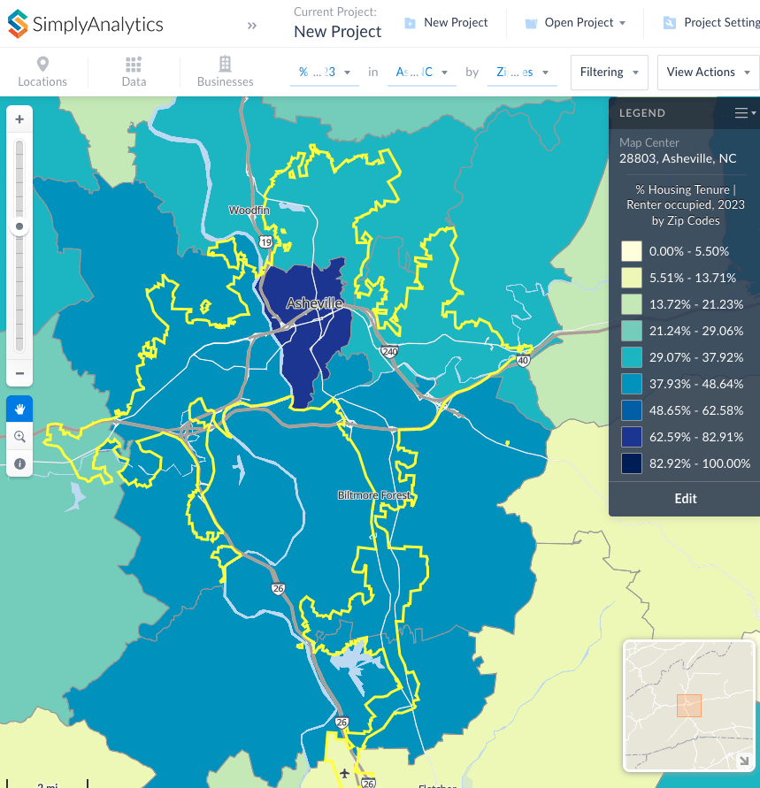 Map of Renter-occupied residences in Asheville from Simply Analytics